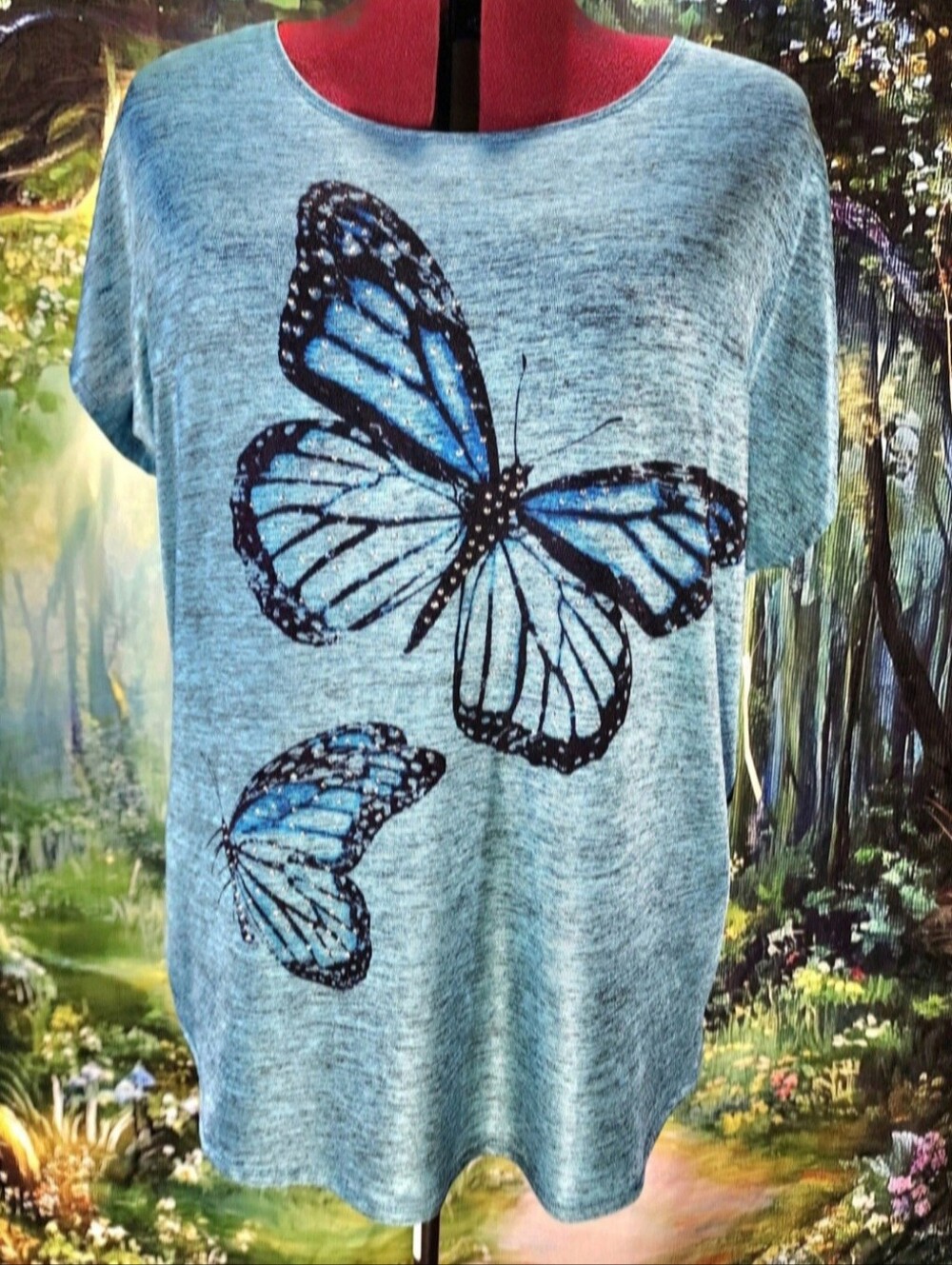 🩵🦋 Butterfly Iridescent Naturecore Bohemian Lavish Studded Graphic Tee 2X NWT